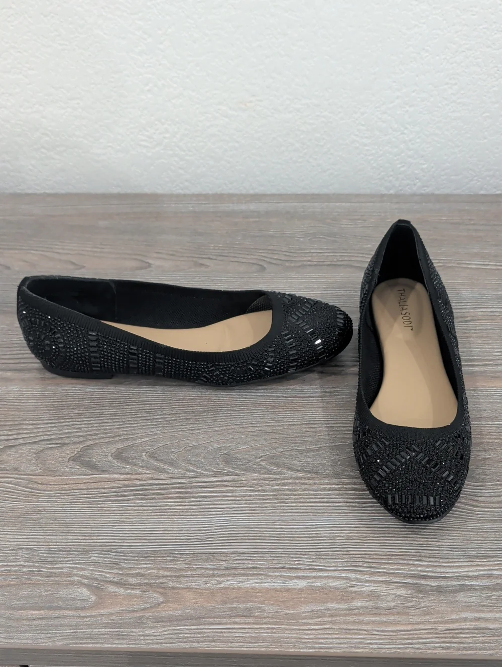 Near New Thalia Sodi KARLI Black Embellished Slip On Ballet Flats 8